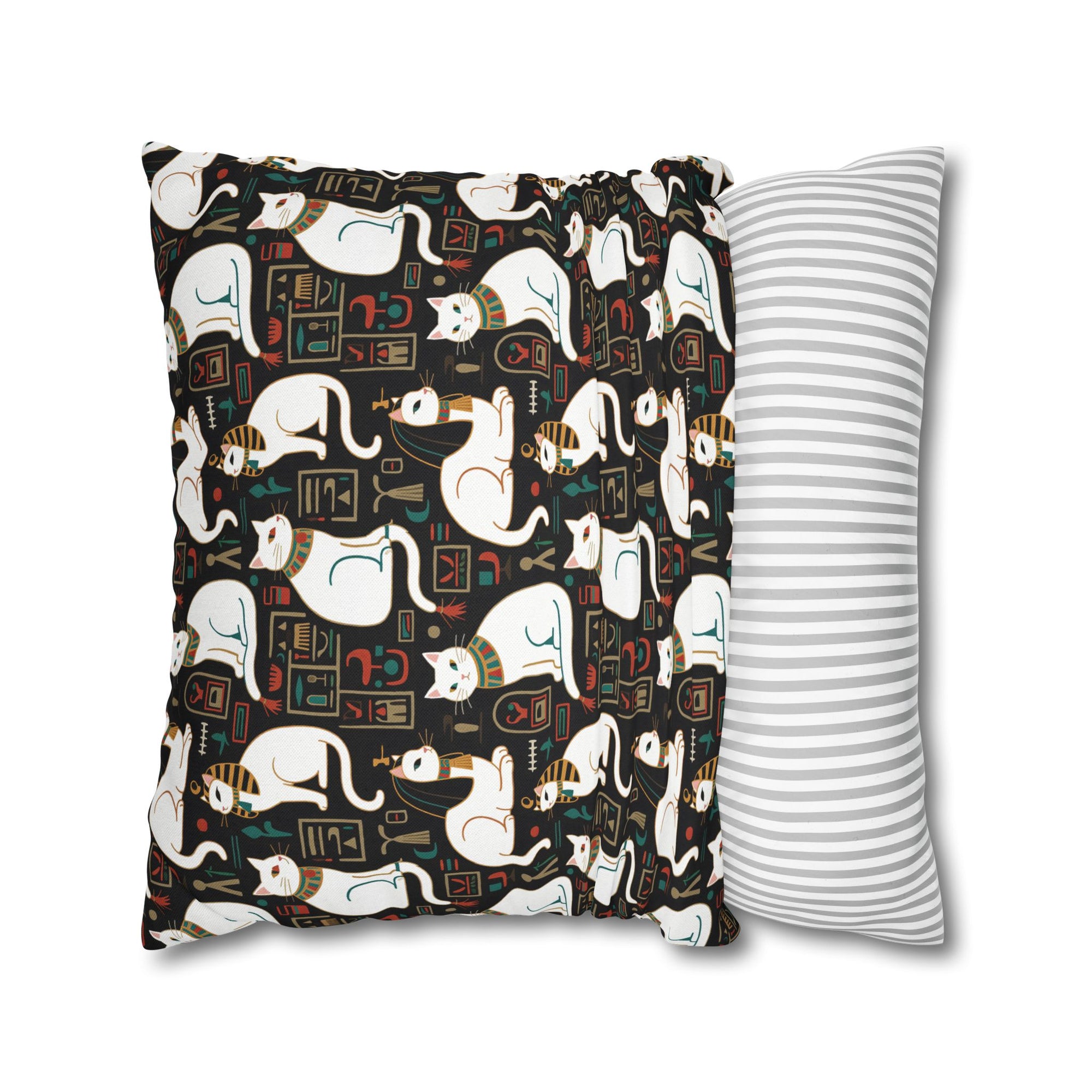 Square Pillowcase - Regal White Egyptian Cats with Ornate Collars and Ancient Symbols Adorn this Historically Inspired and Mystical Pattern