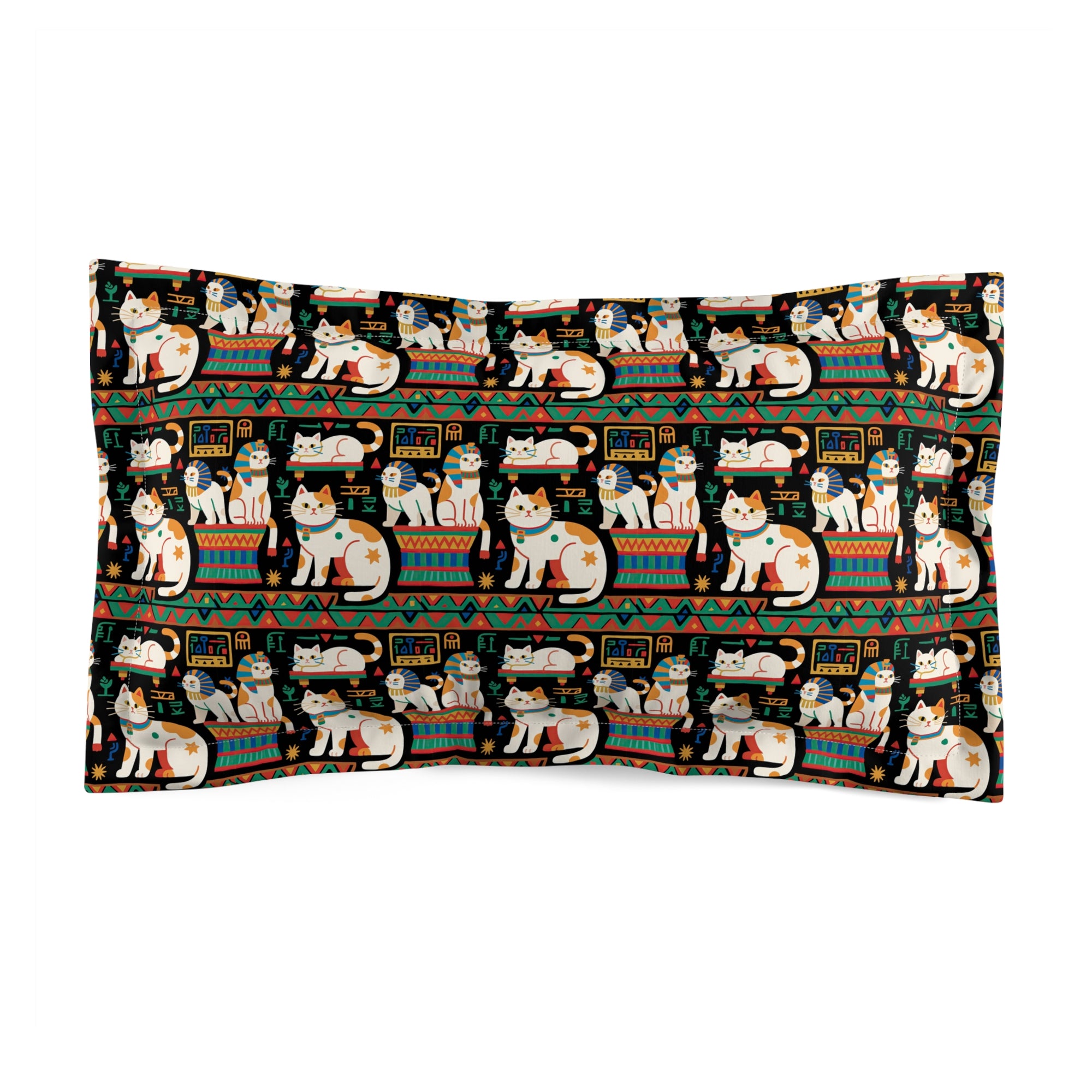 Pillow Sham - Ancient Egyptian Felines with Hieroglyphs and Colorful Borders Adorn this Playful and Culturally Rich Cat Pattern