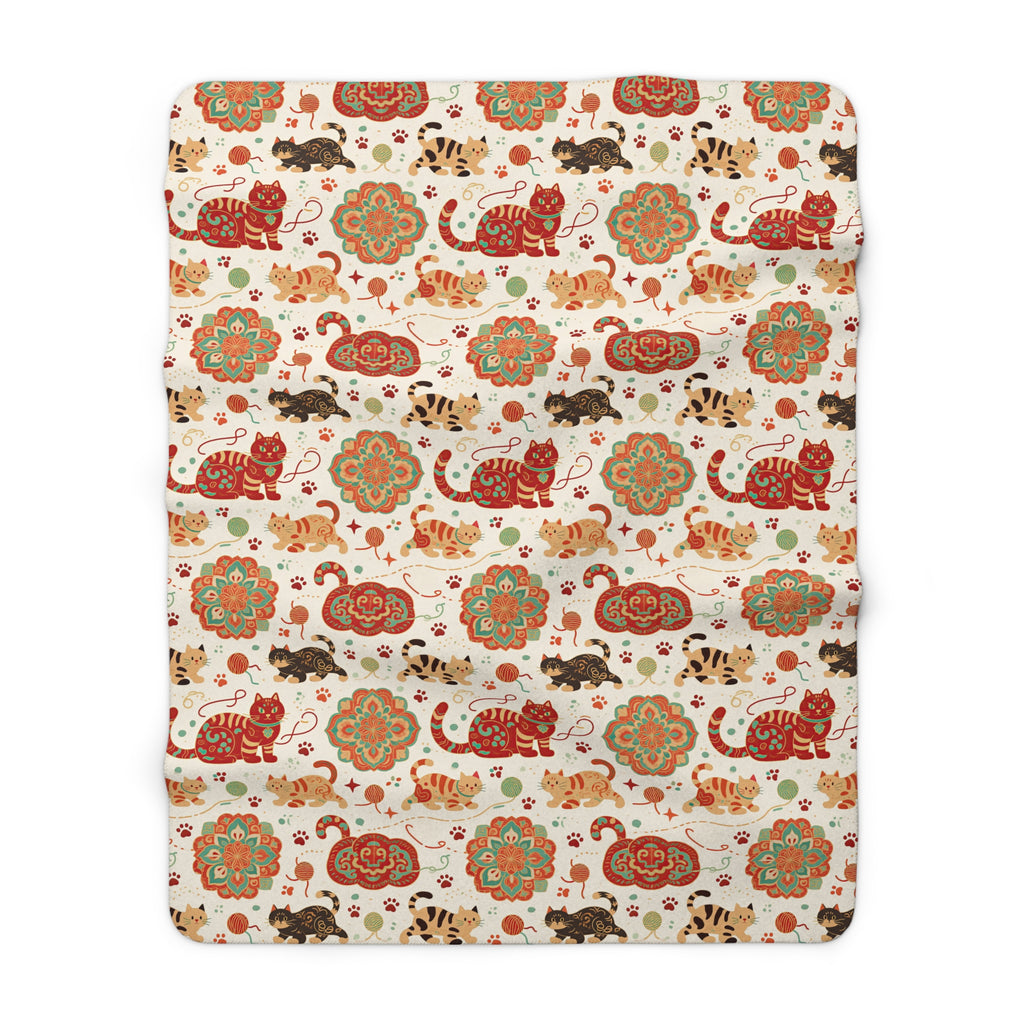 Sherpa Blanket - Vibrant boho chic cats and mandalas, colorful folk art style, playful felines with yarn and paw prints, artistic and bohemian cat design, cream background, unique animal print
