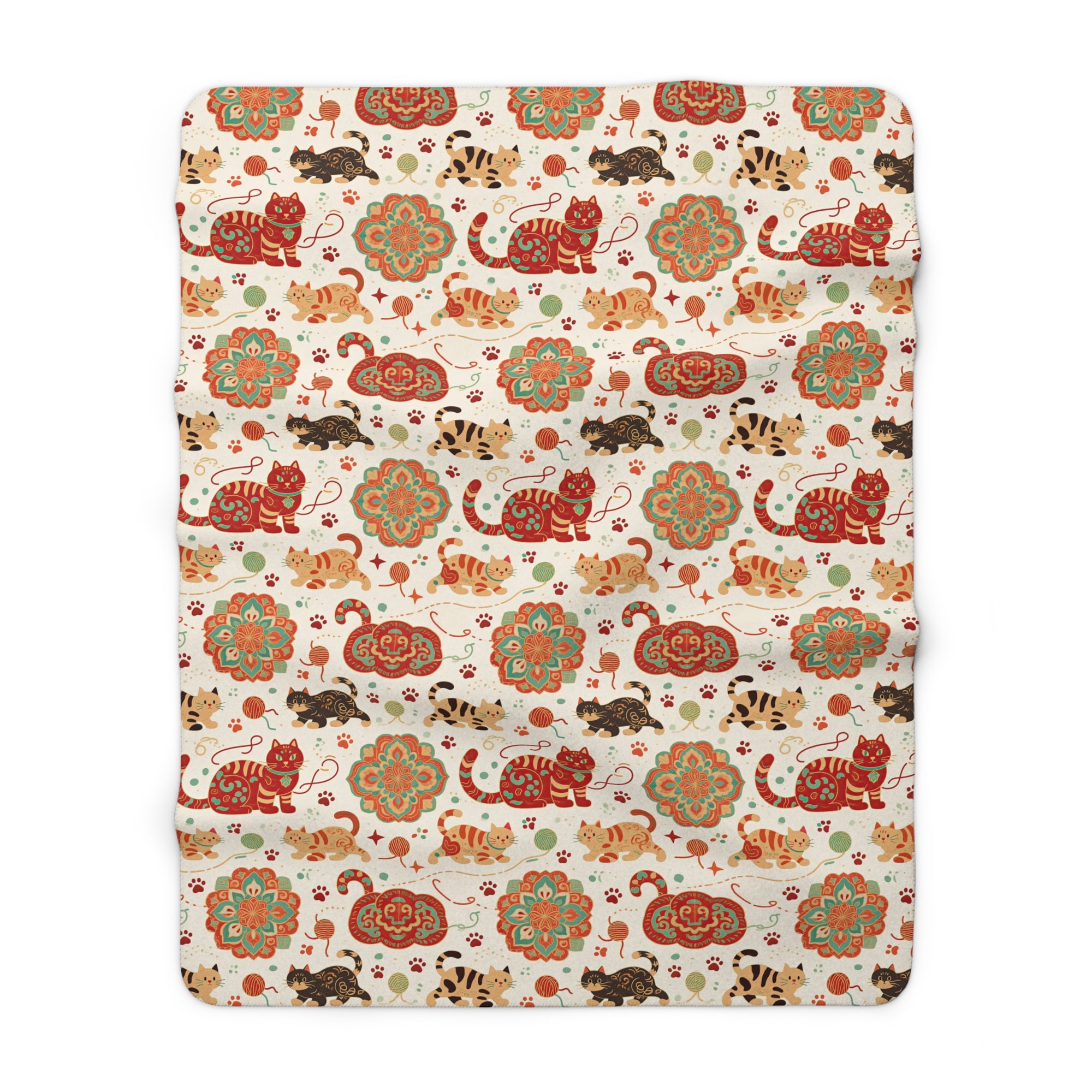 Sherpa Blanket - Vibrant boho chic cats and mandalas, colorful folk art style, playful felines with yarn and paw prints, artistic and bohemian cat design, cream background, unique animal print