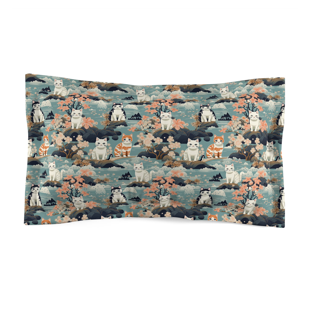 Pillow Sham - A serene watercolor painting of fluffy cats lounging on rocks, surrounded by cherry blossoms and blue water, in a tranquil, nature-filled, Japanese-inspired landscape.