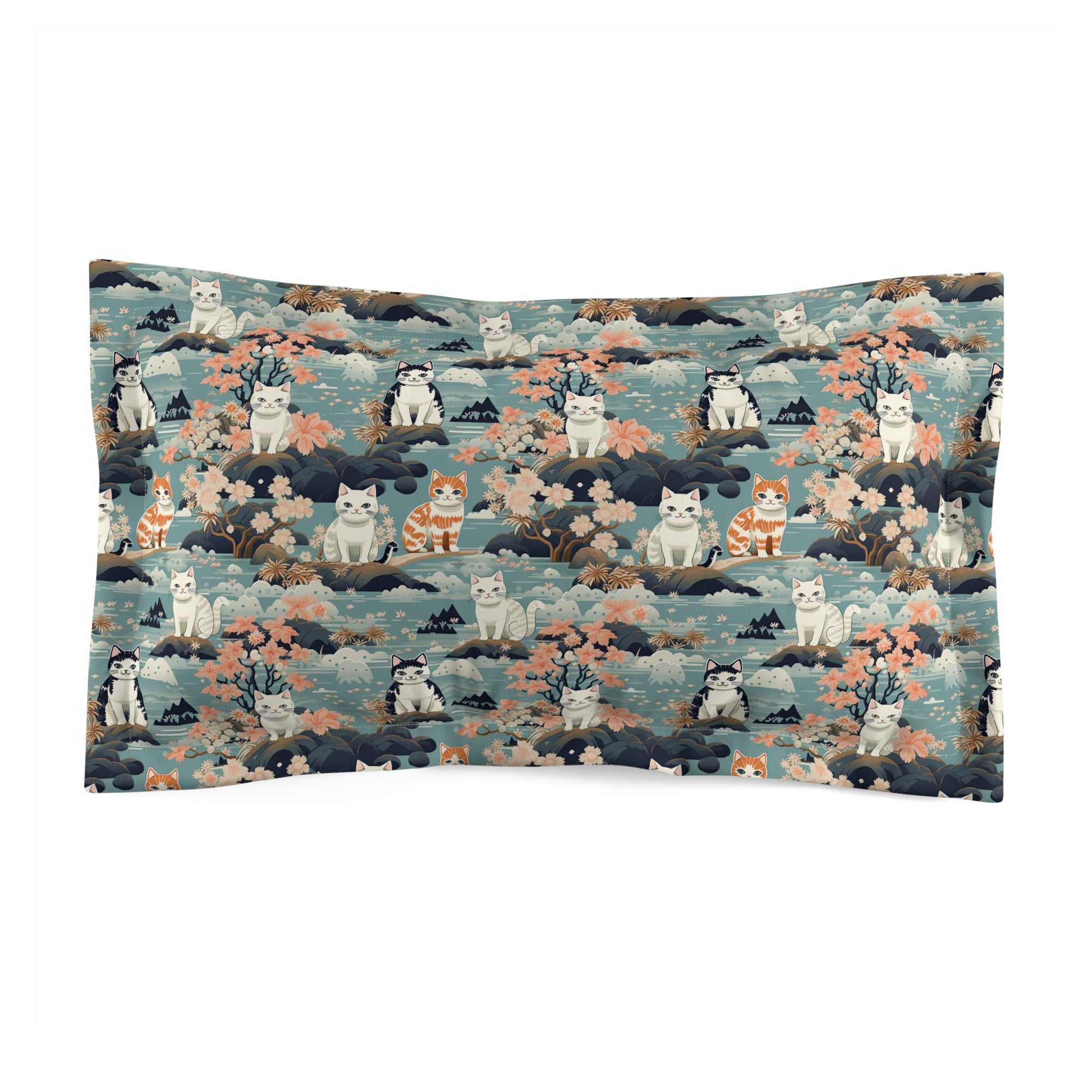 Pillow Sham - A serene watercolor painting of fluffy cats lounging on rocks, surrounded by cherry blossoms and blue water, in a tranquil, nature-filled, Japanese-inspired landscape.