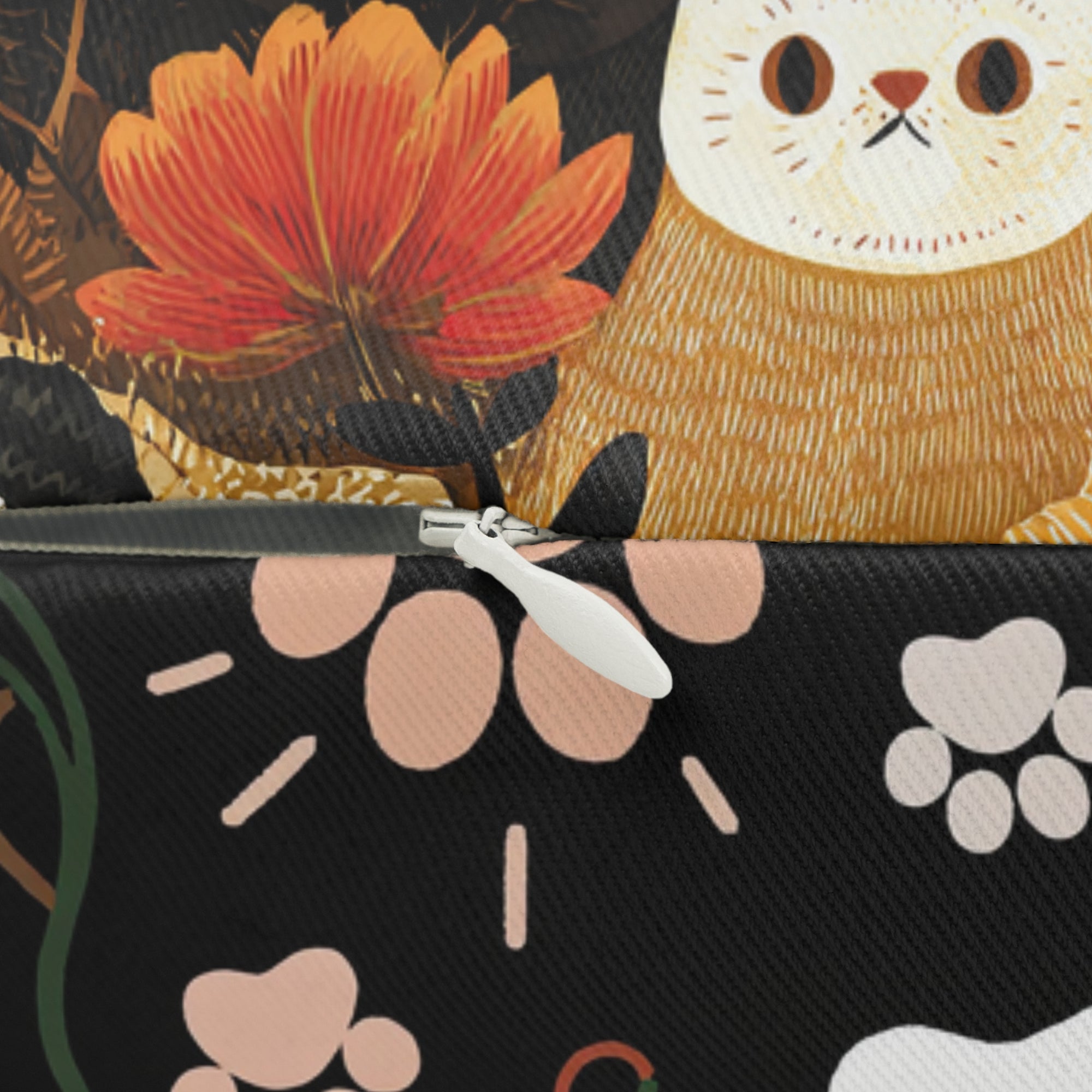 Indoor Lumbar Pillow - A dark and fantastical illustrative painting of many different cats and plants, creating a dense, mysterious, and golden jungle or forest scene.