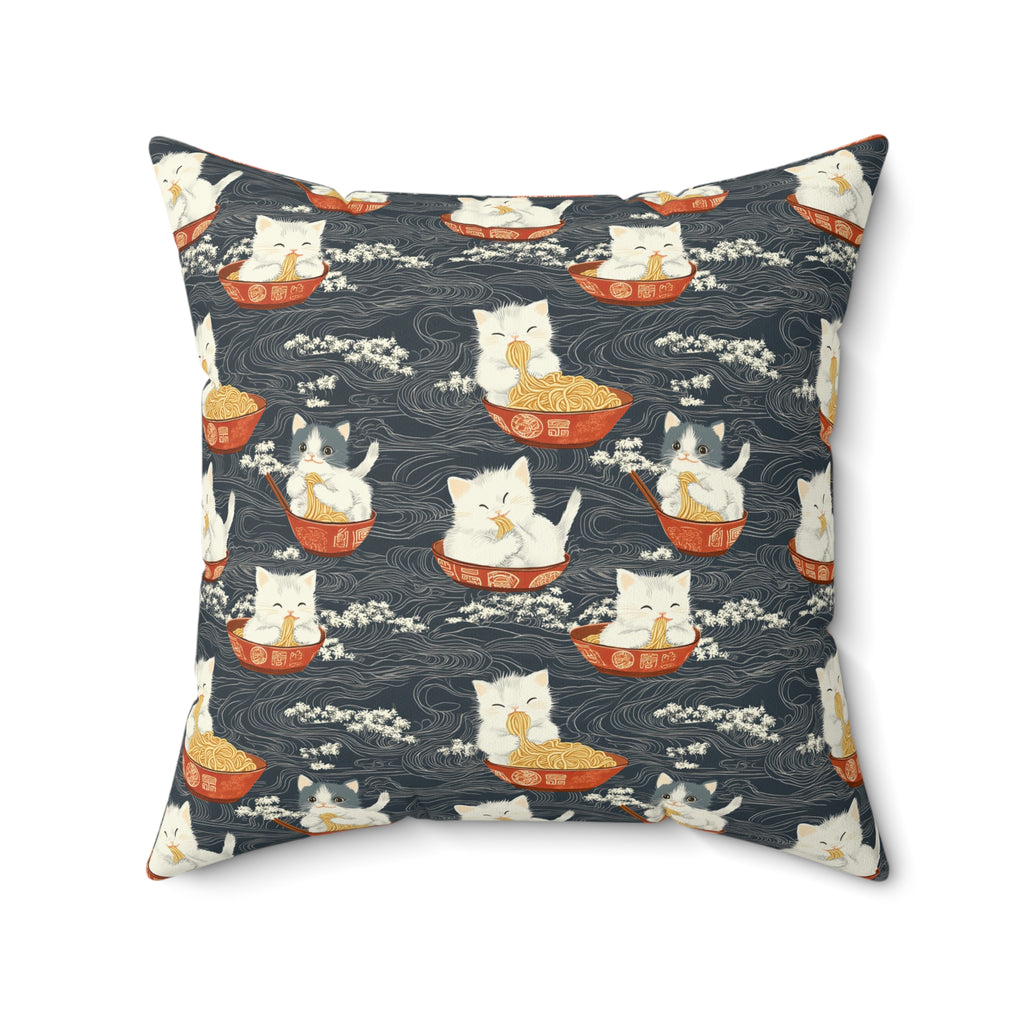 Indoor Square Pillow - An adorable and cute pattern of baby cats happily eating steaming ramen noodles from traditional red and white bowls with beautiful white floral elements surrounding them.
