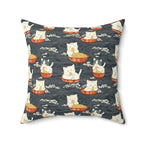 Indoor Square Pillow - An adorable and cute pattern of baby cats happily eating steaming ramen noodles from traditional red and white bowls with beautiful white floral elements surrounding them.