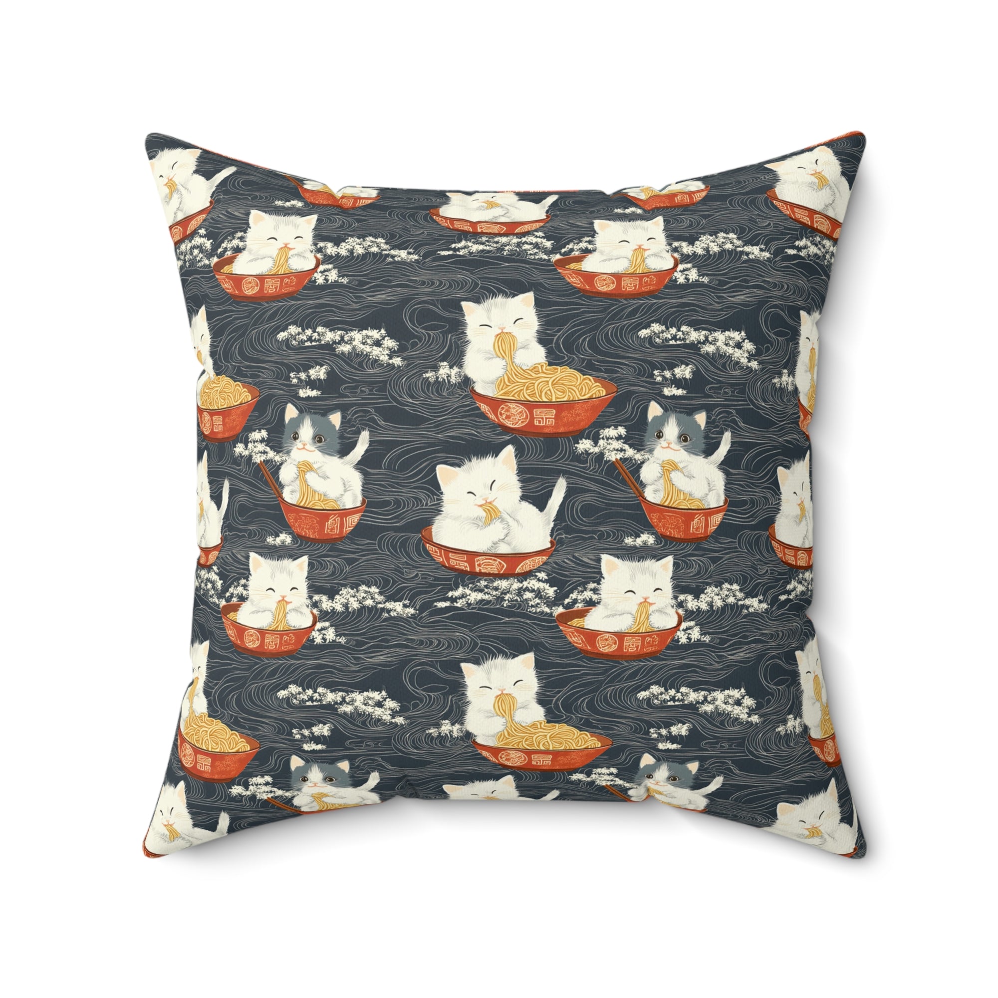 Indoor Square Pillow - An adorable and cute pattern of baby cats happily eating steaming ramen noodles from traditional red and white bowls with beautiful white floral elements surrounding them.