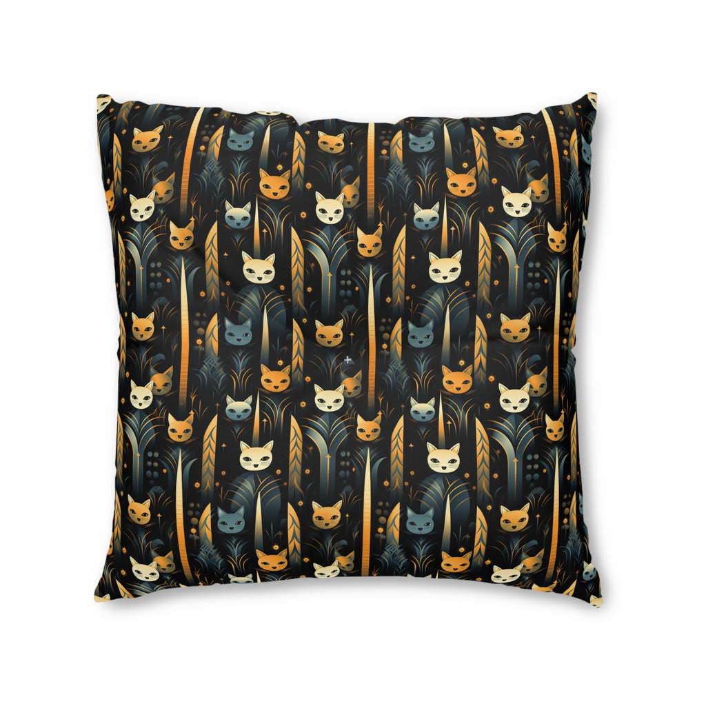 Indoor Square Floor Pillow - A sleek and stylish Art Deco-inspired pattern depicting a serene nocturnal landscape with streamlined cat silhouettes and radiating golden light among abstract plants.