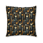Indoor Square Floor Pillow - A sleek and stylish Art Deco-inspired pattern depicting a serene nocturnal landscape with streamlined cat silhouettes and radiating golden light among abstract plants.