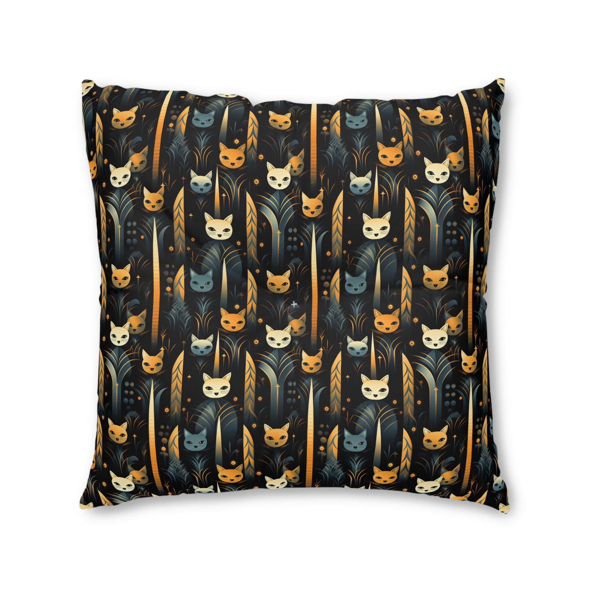 Indoor Square Floor Pillow - A sleek and stylish Art Deco-inspired pattern depicting a serene nocturnal landscape with streamlined cat silhouettes and radiating golden light among abstract plants.