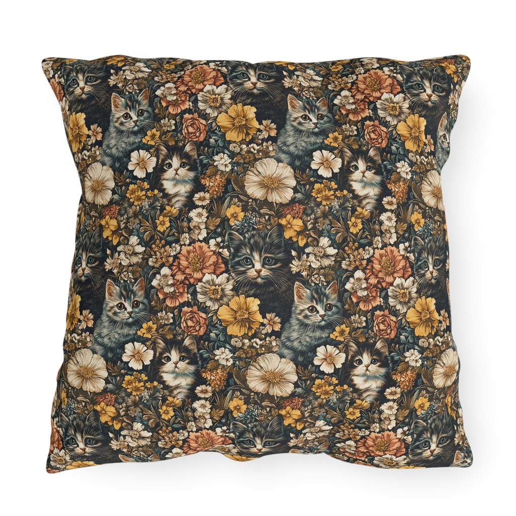 Outdoor Pillow - Grey Tabby Kittens Among Yellow and Peach Flowers, Moody Vintage Botanical Illustration