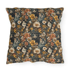 Outdoor Pillow - Grey Tabby Kittens Among Yellow and Peach Flowers, Moody Vintage Botanical Illustration