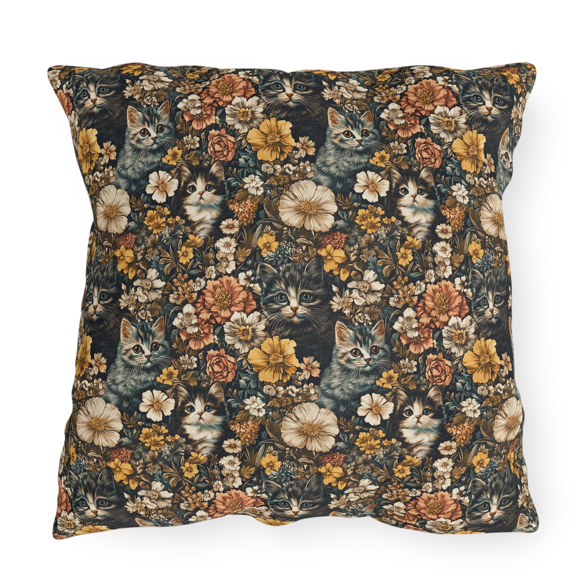 Outdoor Pillow - Grey Tabby Kittens Among Yellow and Peach Flowers, Moody Vintage Botanical Illustration