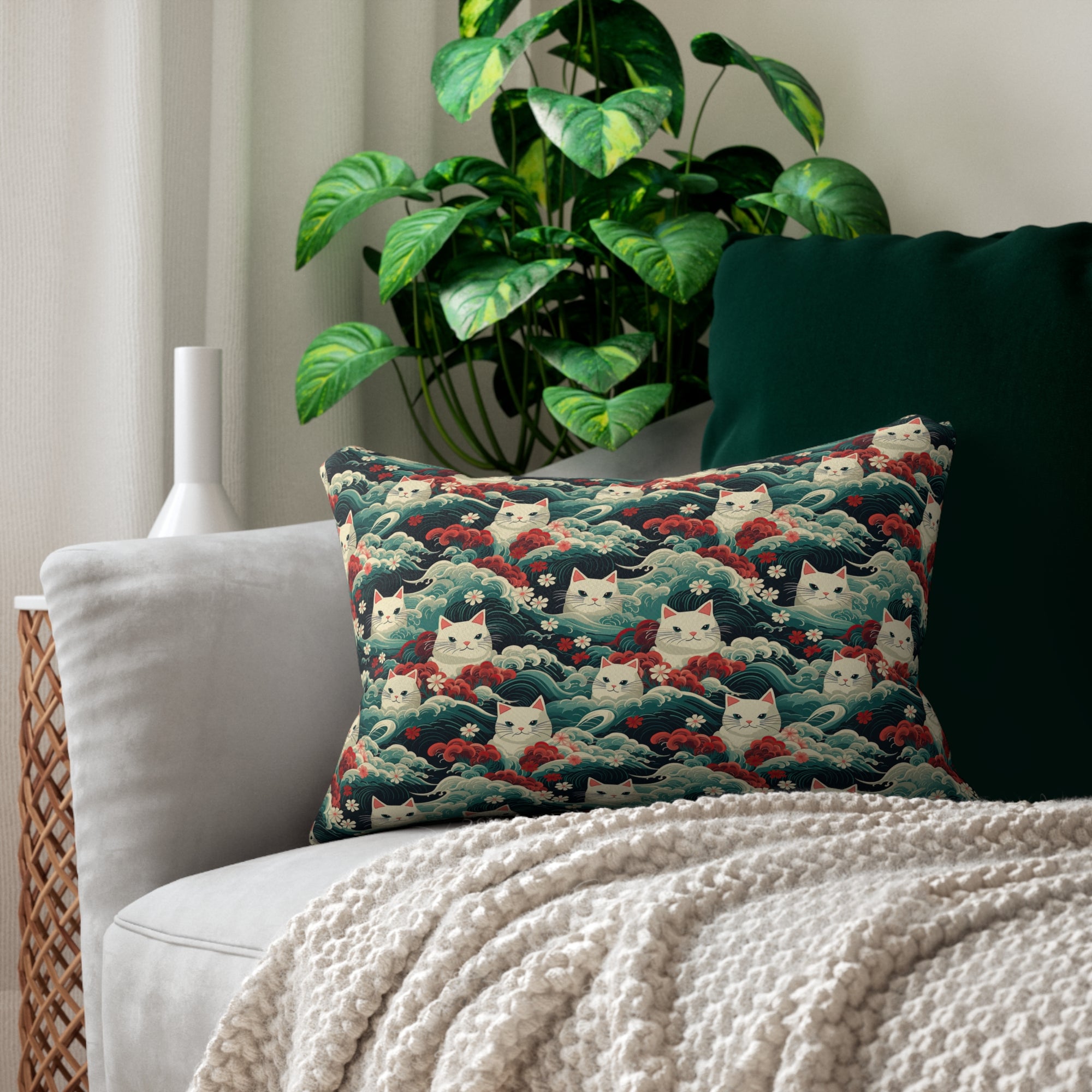 Indoor Lumbar Pillow - A dramatic and powerful Japanese woodblock print-style illustration of cats amidst powerful waves, red flowers, and white cherry blossoms.