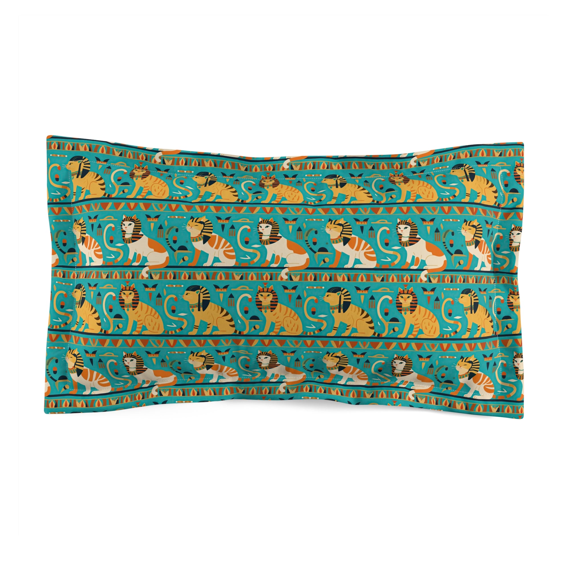 Pillow Sham - Horizontal Stripes of Golden Egyptian Cats and Intricate Hieroglyphs Form a Repeating and Historically Themed Border Pattern