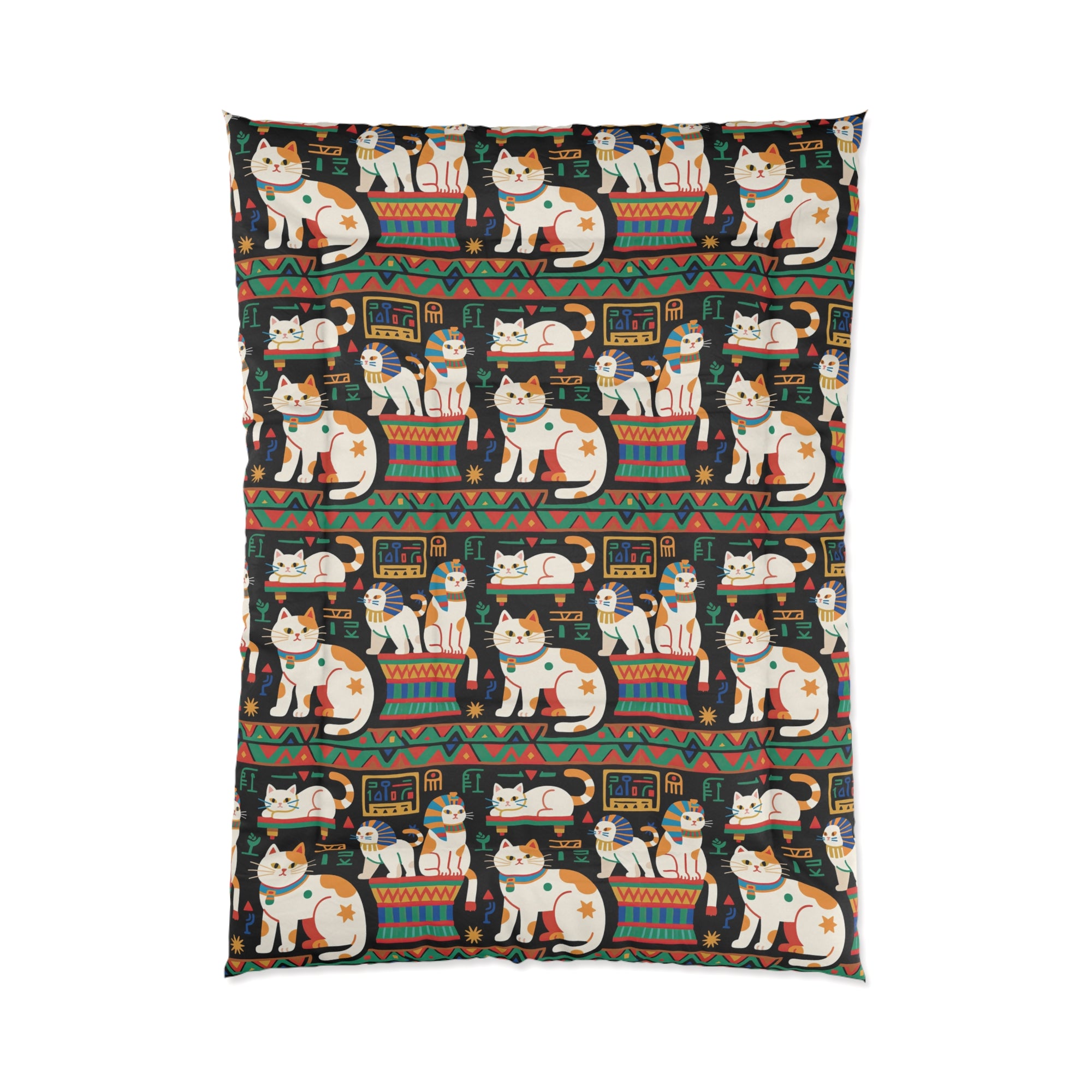 Comforter - Ancient Egyptian Felines with Hieroglyphs and Colorful Borders Adorn this Playful and Culturally Rich Cat Pattern