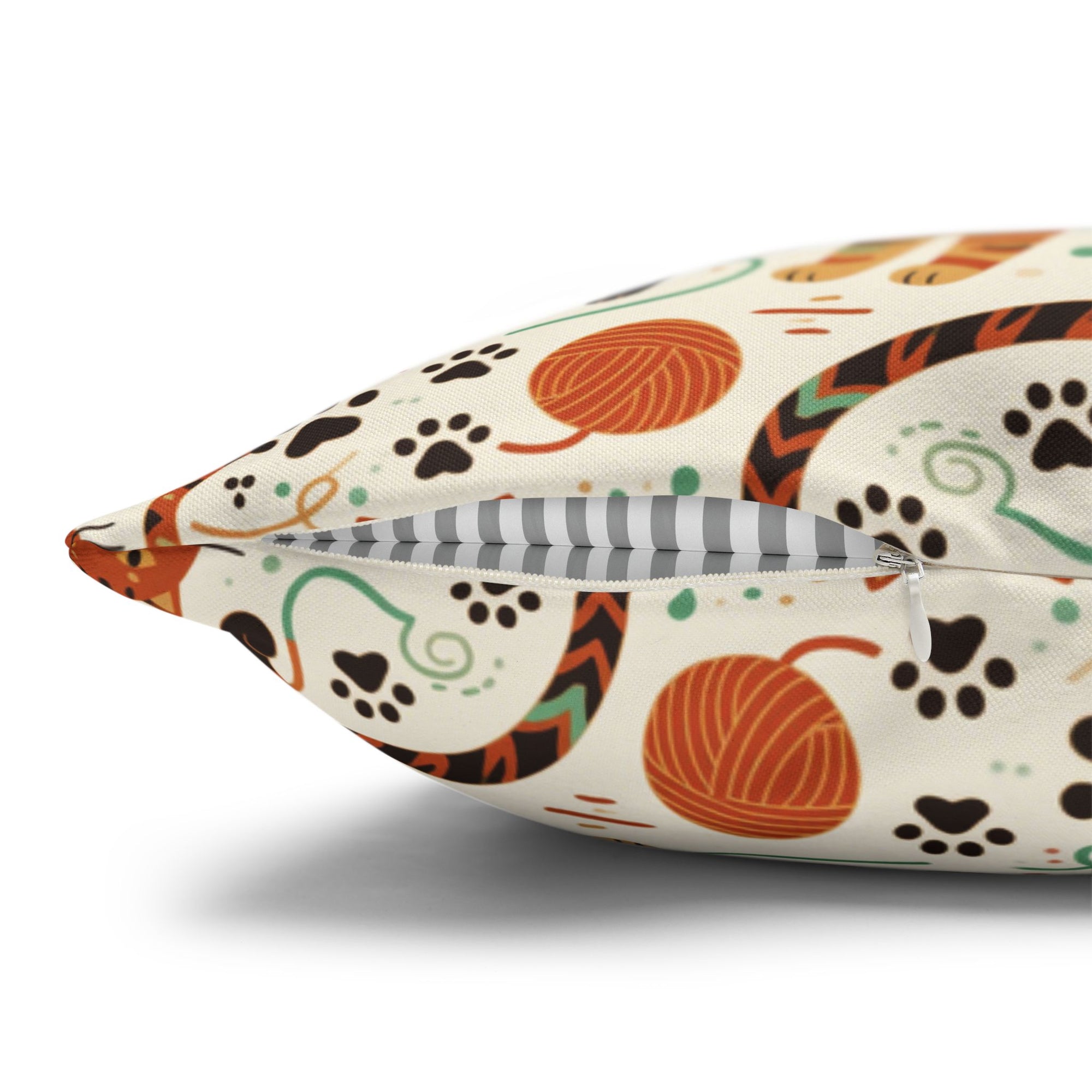 Square Pillowcase - Colorful folk art patterned cats, vibrant orange and teal hues, playful felines with yarn and paw prints, bohemian animal illustration, cream background, artistic and cheerful design