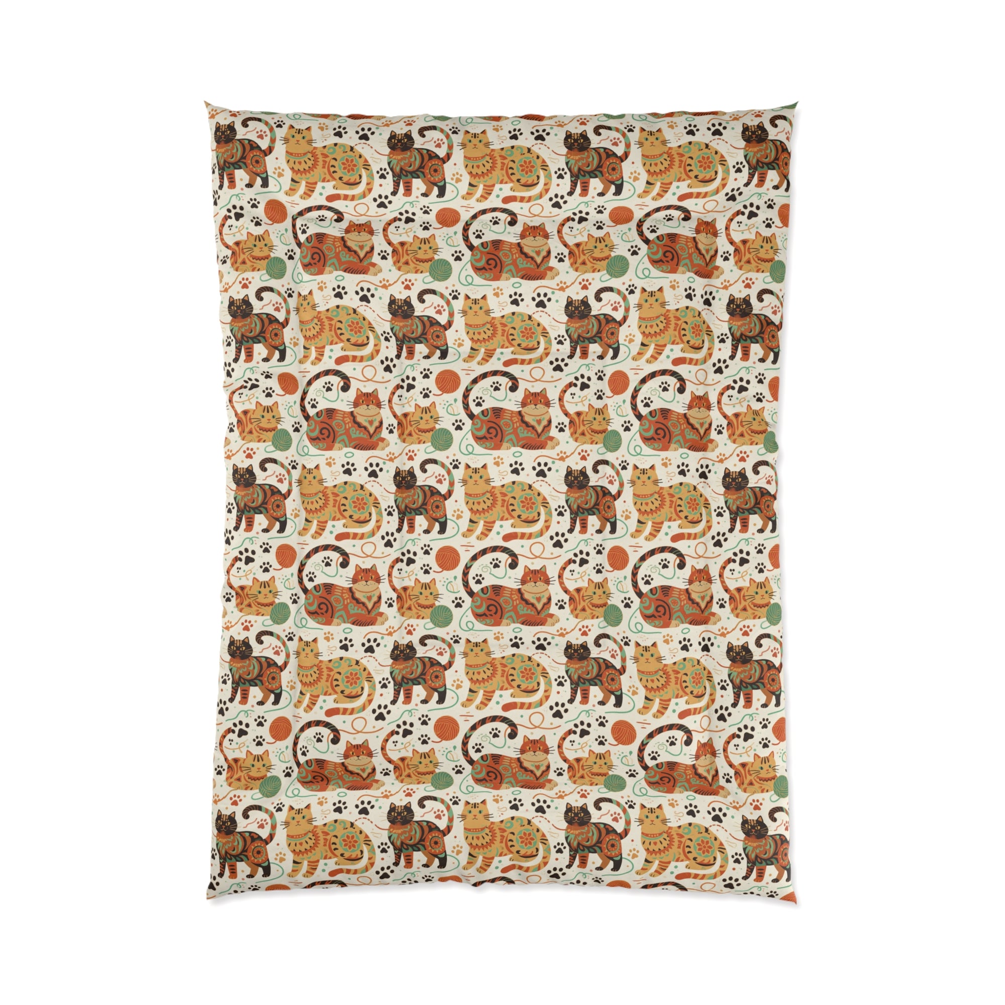 Comforter - Colorful folk art patterned cats, vibrant orange and teal hues, playful felines with yarn and paw prints, bohemian animal illustration, cream background, artistic and cheerful design