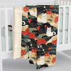 Sherpa Blanket - A beautiful, Japanese-inspired illustration of tranquil white cats resting on rolling clouds with vibrant red and white cherry blossoms.