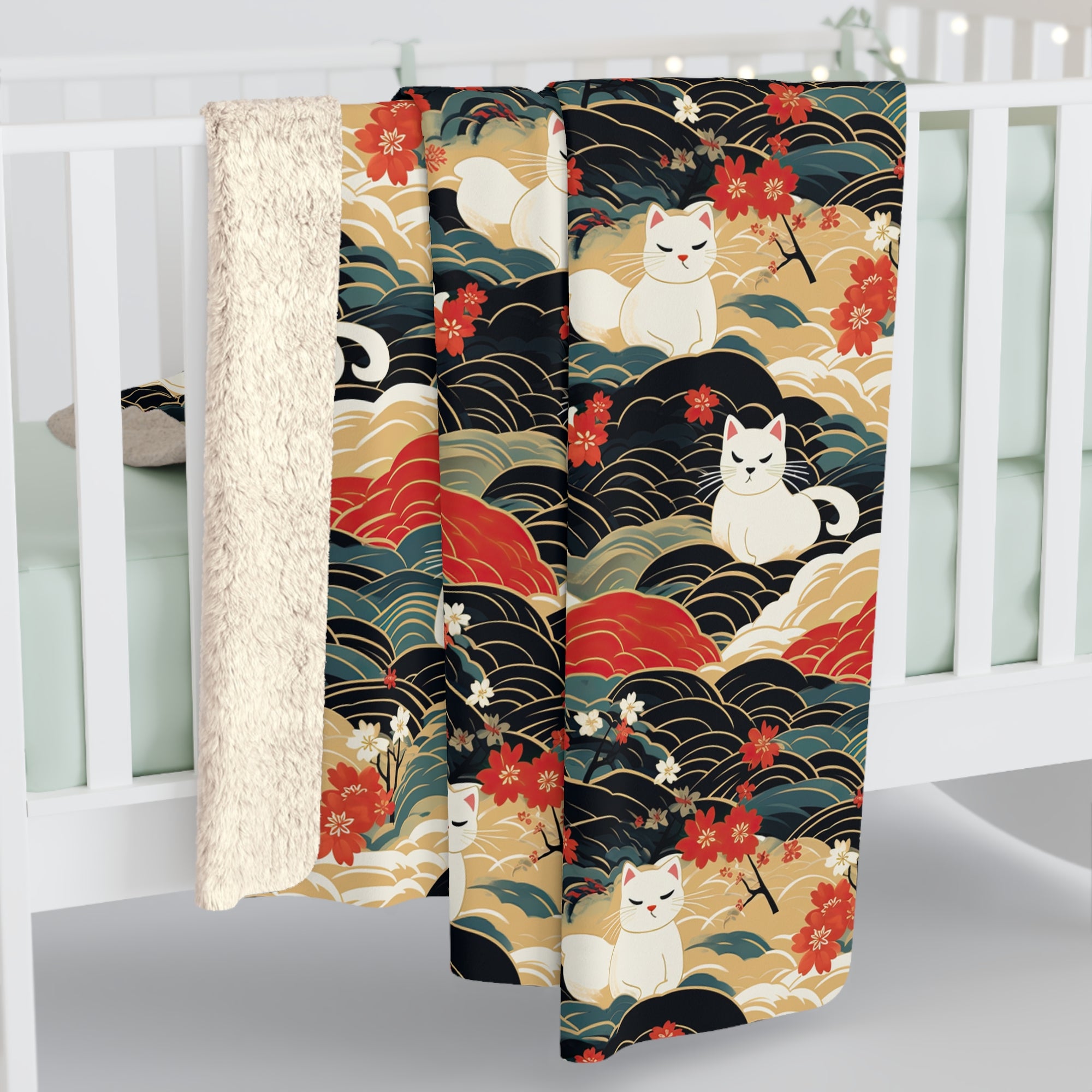 Sherpa Blanket - A beautiful, Japanese-inspired illustration of tranquil white cats resting on rolling clouds with vibrant red and white cherry blossoms.