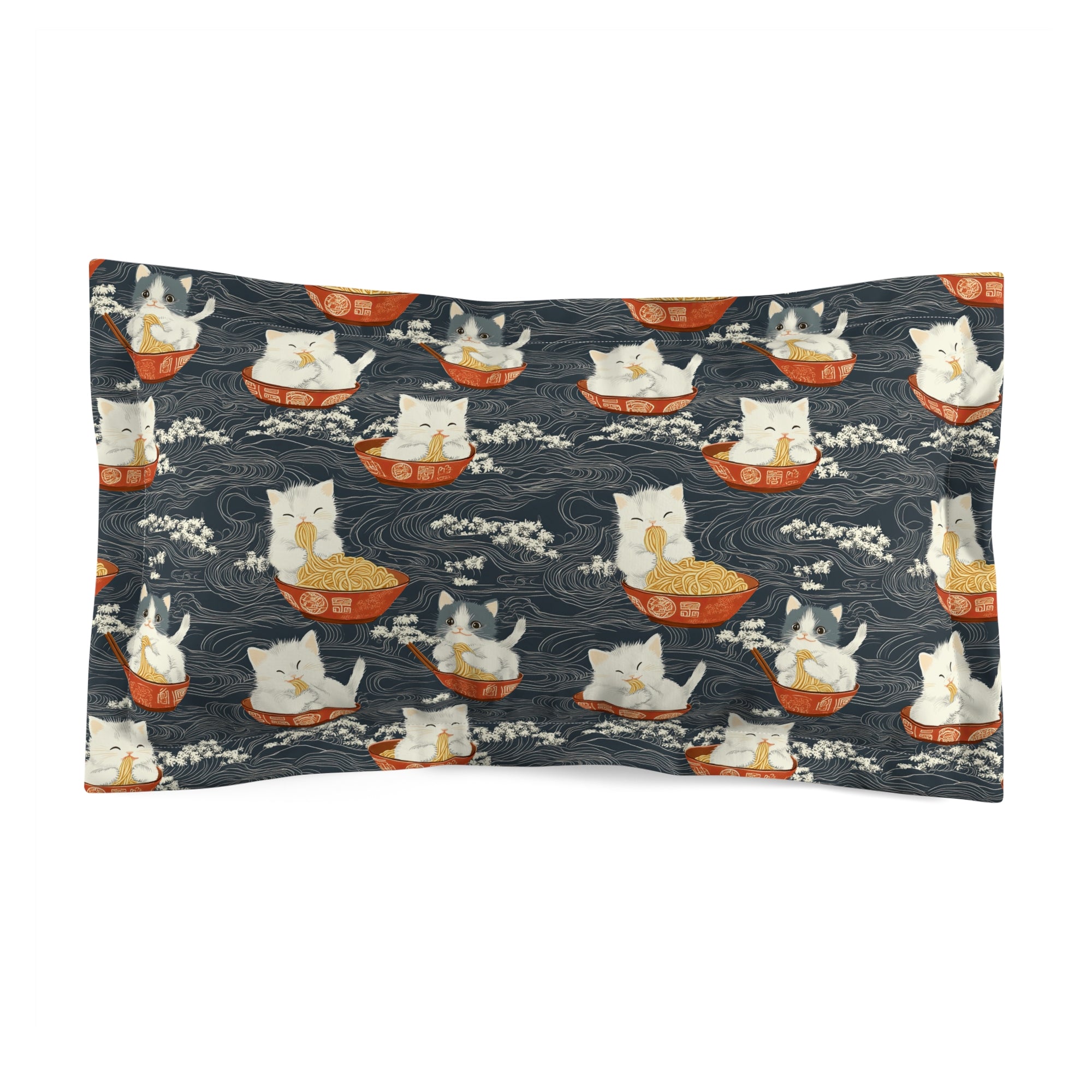 Pillow Sham - An adorable and cute pattern of baby cats happily eating steaming ramen noodles from traditional red and white bowls with beautiful white floral elements surrounding them.
