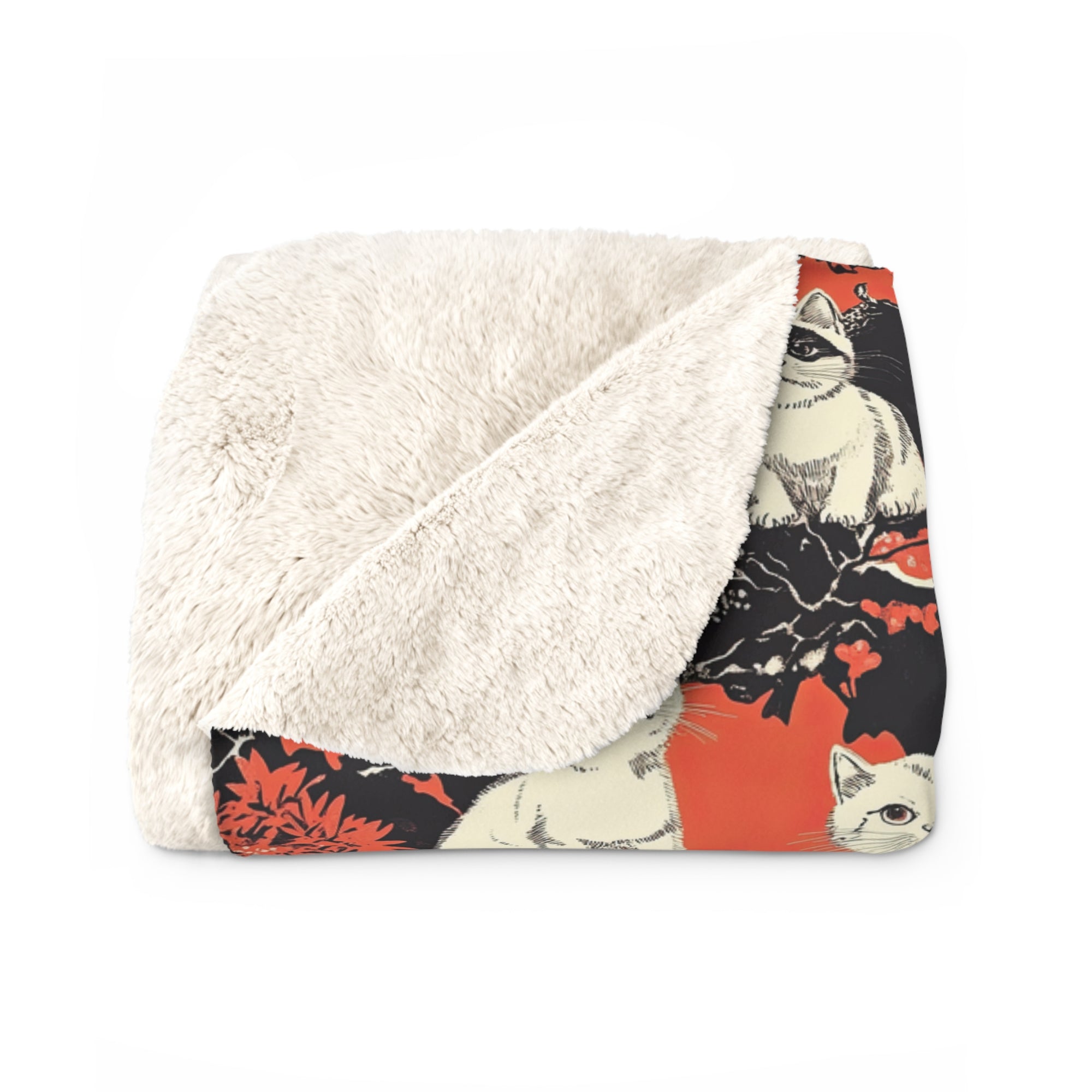 Sherpa Blanket - A striking black-and-white illustration with red accents of charming cats perched on the branches of trees in a beautiful Japanese woodblock print style.