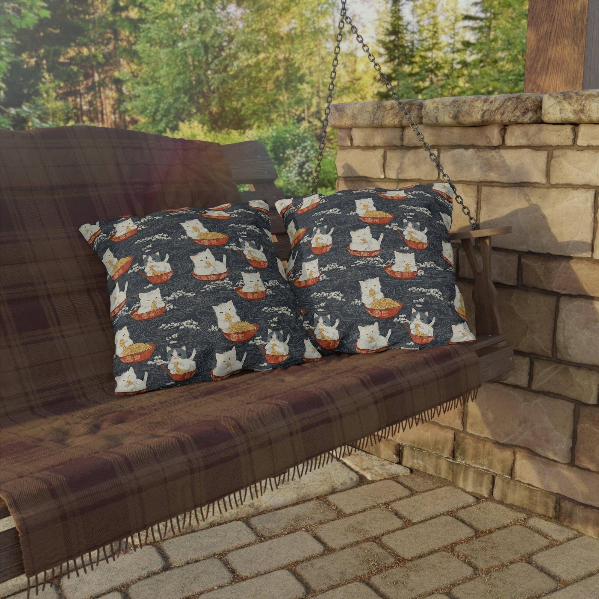 Outdoor Pillow - An adorable and cute pattern of baby cats happily eating steaming ramen noodles from traditional red and white bowls with beautiful white floral elements surrounding them.