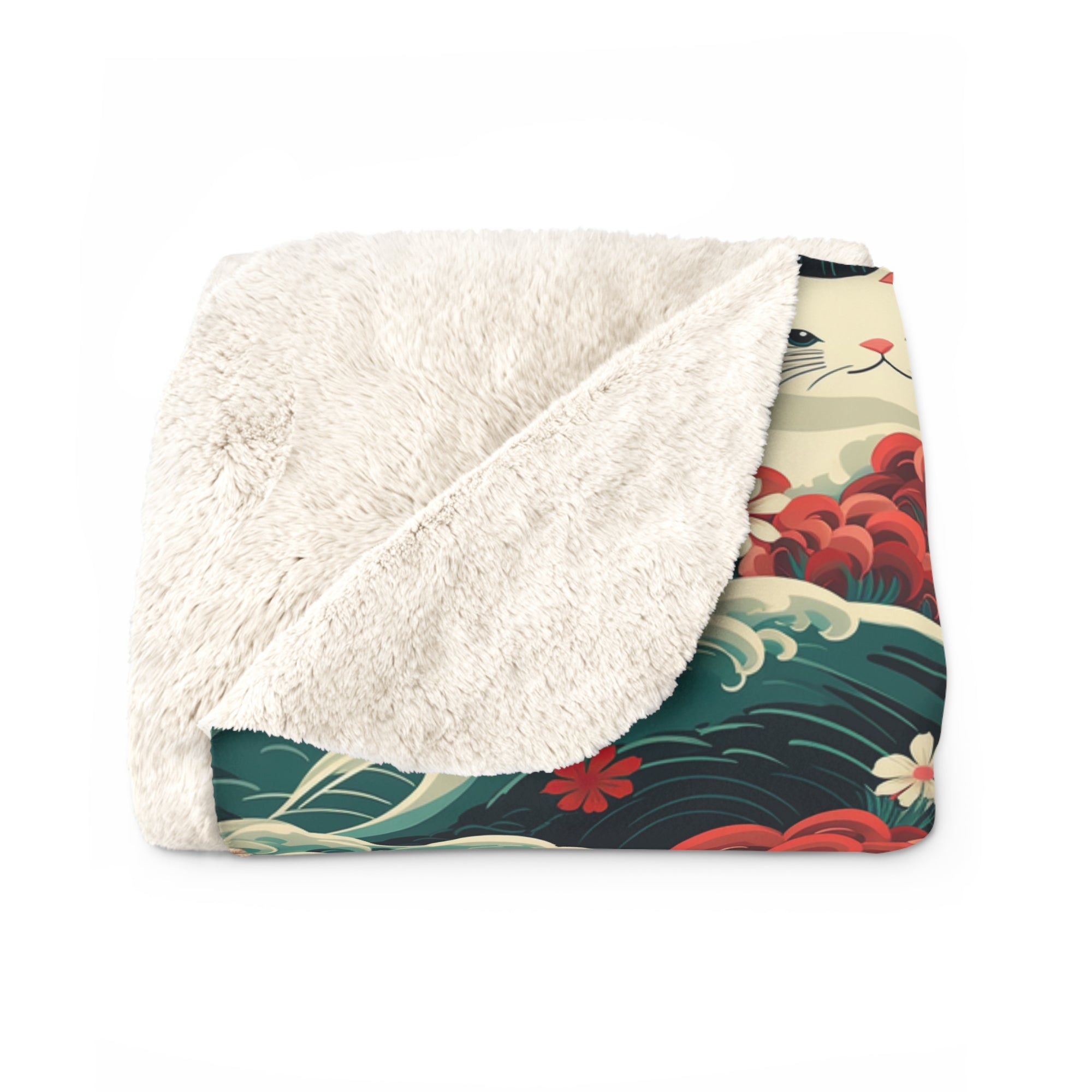 Sherpa Blanket - A dramatic and powerful Japanese woodblock print-style illustration of cats amidst powerful waves, red flowers, and white cherry blossoms.