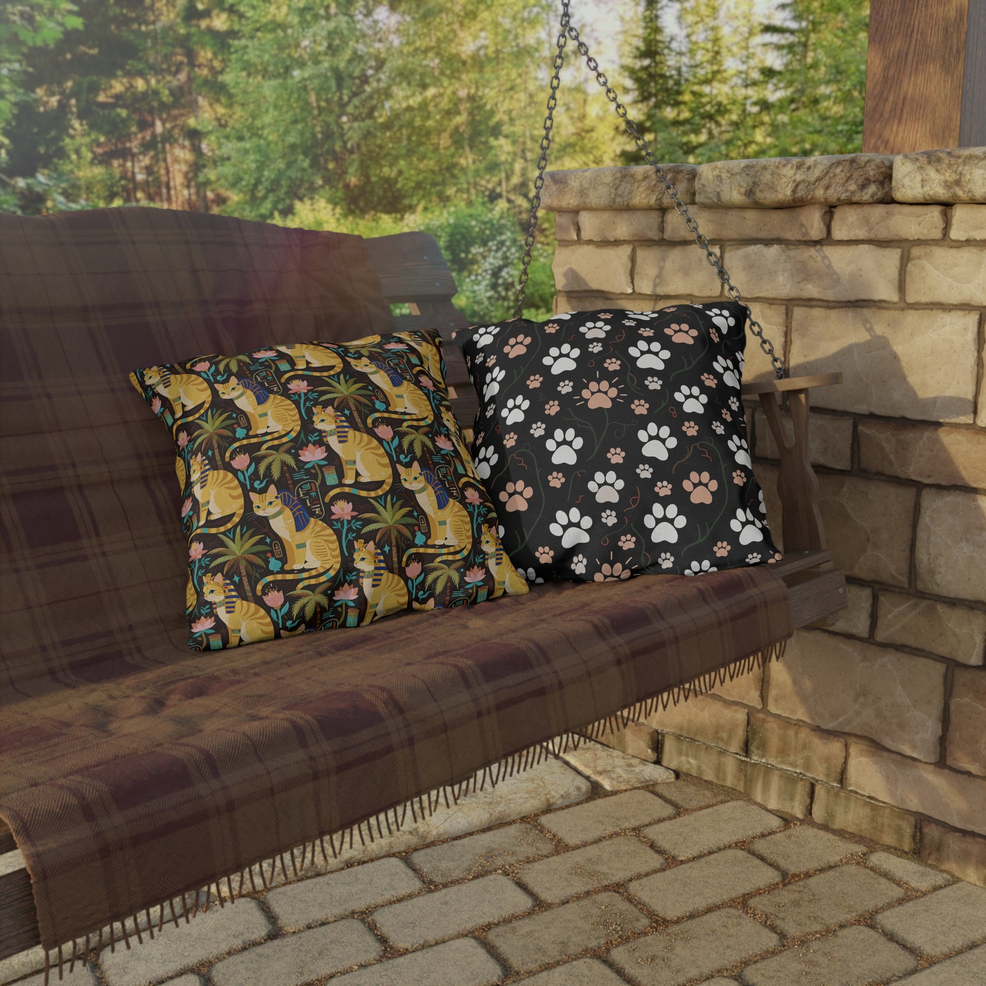 Outdoor Pillow - Golden Egyptian Cats with Pharaonic Headpieces Amidst Lush Palms and Lotus Flowers in an Exotic and Vibrant Scene