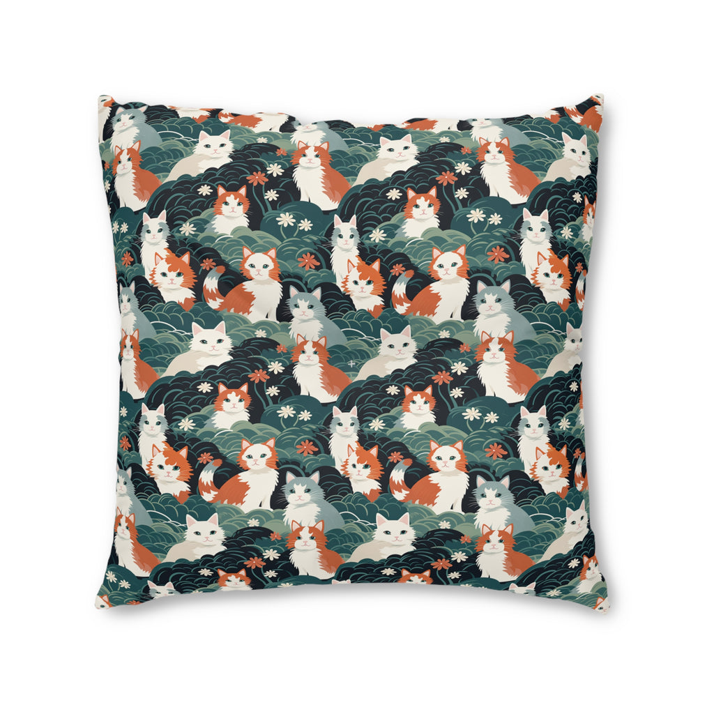 Indoor Square Floor Pillow - A whimsical, fluffy, watercolor depiction of various cats of different colors peeking out from a dense dark blue and green bush with white flowers.