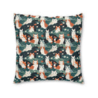 Indoor Square Floor Pillow - A whimsical, fluffy, watercolor depiction of various cats of different colors peeking out from a dense dark blue and green bush with white flowers.