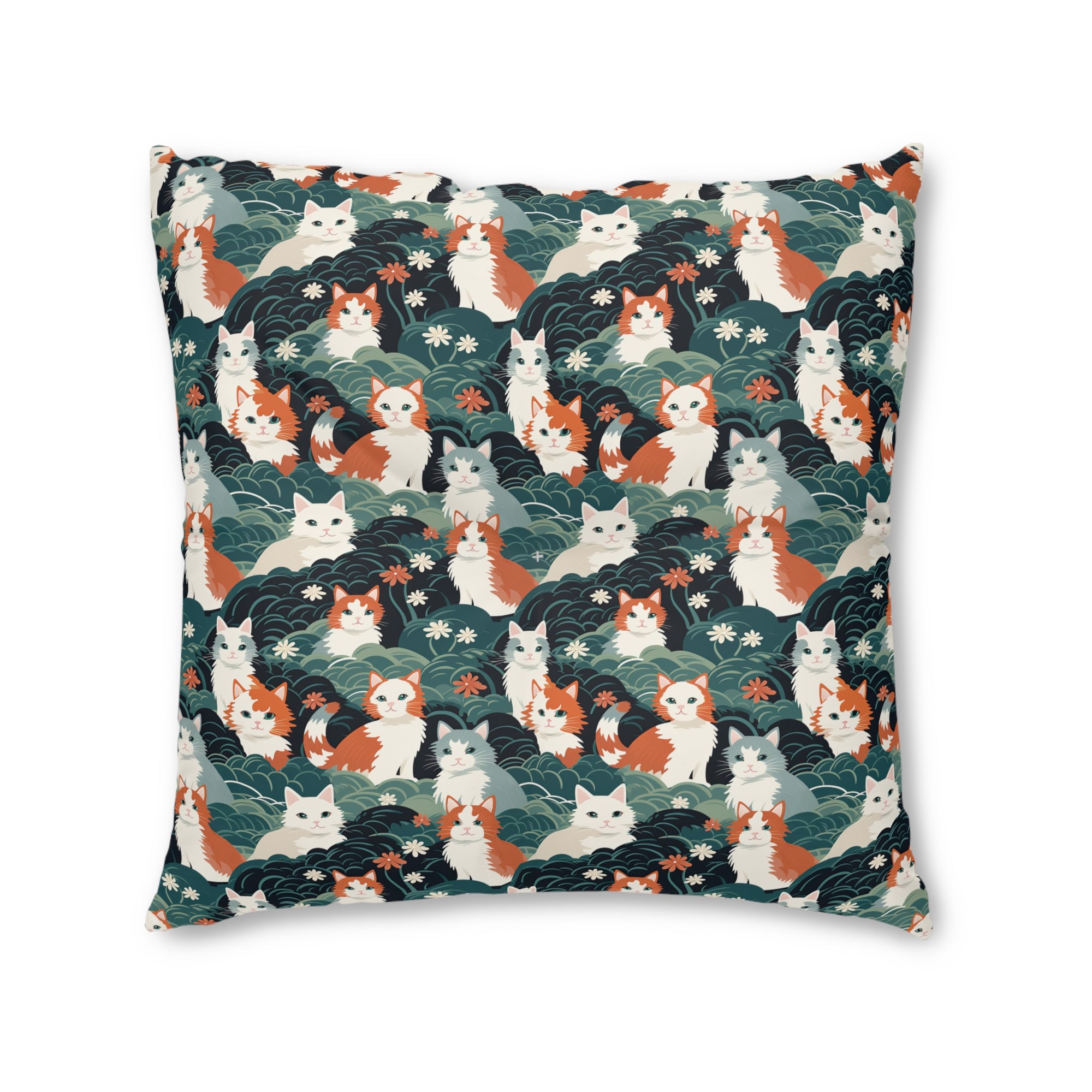 Indoor Square Floor Pillow - A whimsical, fluffy, watercolor depiction of various cats of different colors peeking out from a dense dark blue and green bush with white flowers.