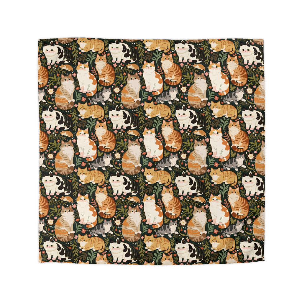 Duvet Cover - Whimsical cat and kitten garden party, various cat breeds amidst green foliage and pink flowers, charming animal illustration, dark forest green background, playful and natural art