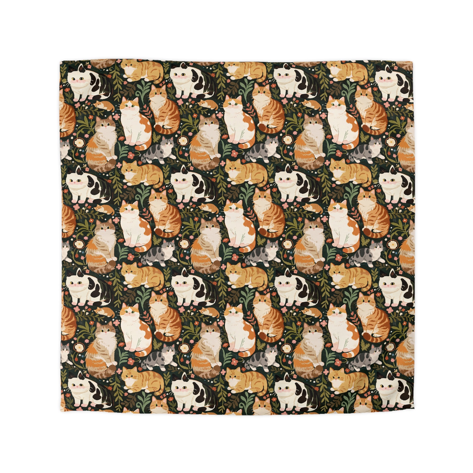 Duvet Cover - Whimsical cat and kitten garden party, various cat breeds amidst green foliage and pink flowers, charming animal illustration, dark forest green background, playful and natural art