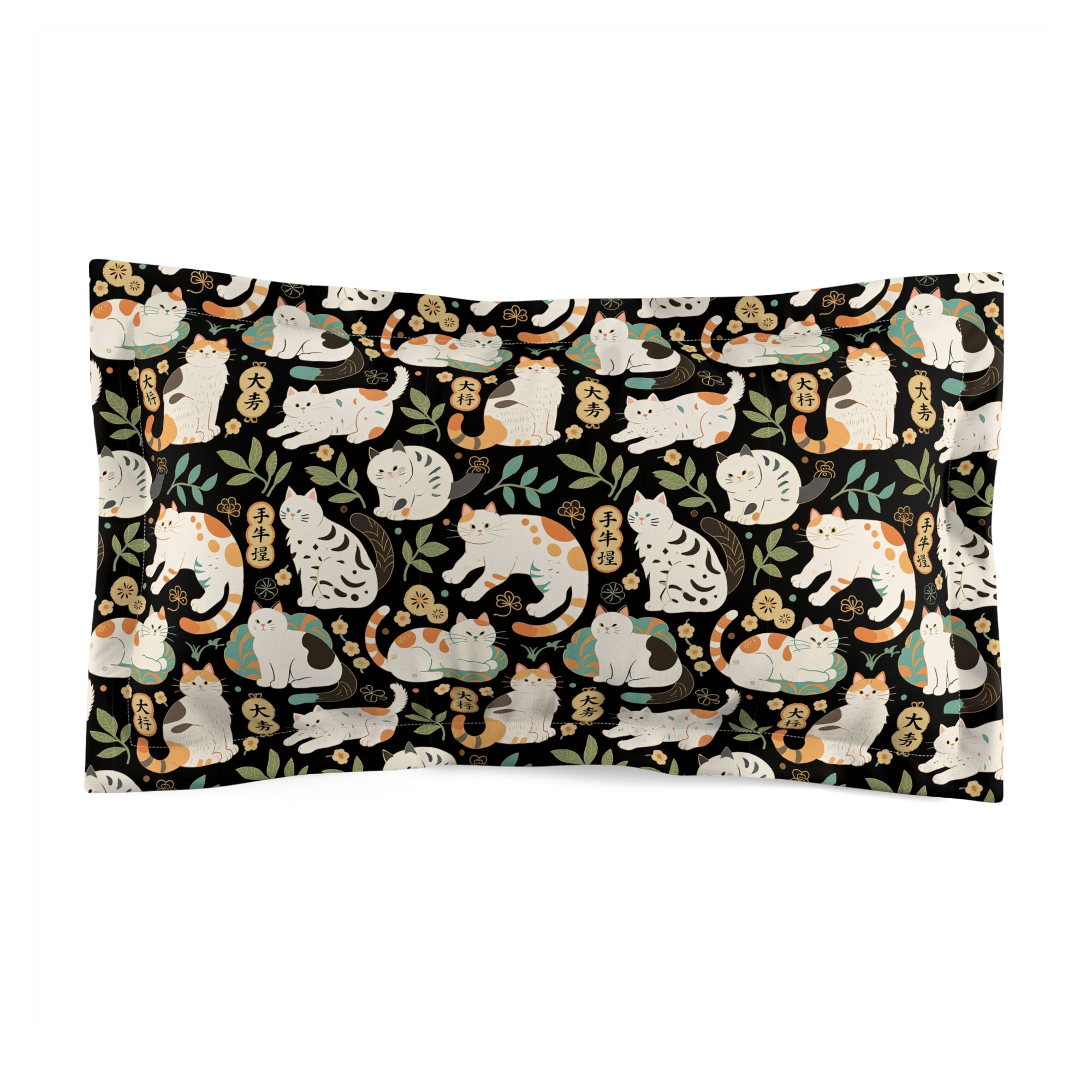 Pillow Sham - Traditional Japanese Maneki-Neko Cats and Auspicious Symbols Grace a Dark Background in this Fortunate Pattern