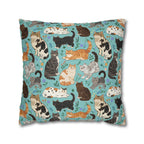 Square Pillowcase - A Delightful Assortment of Charming Cats in Diverse Poses and Breeds Scattered Across a Soft Blue Floral Background