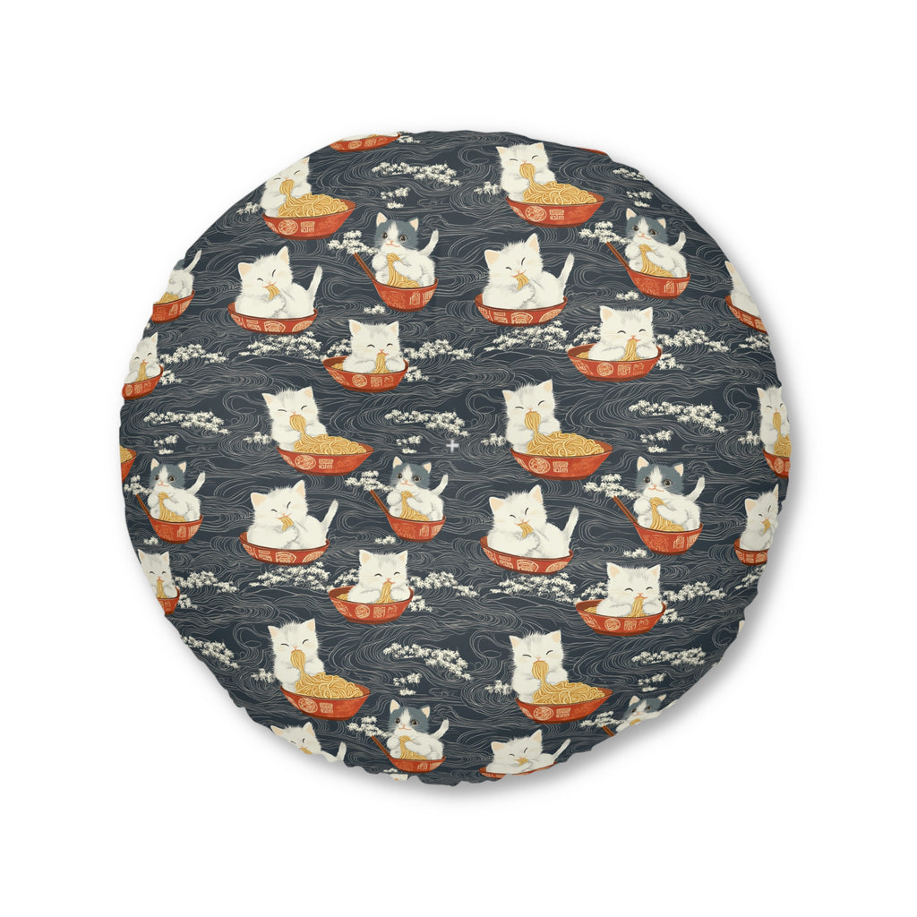 Indoor Round Floor Pillow - An adorable and cute pattern of baby cats happily eating steaming ramen noodles from traditional red and white bowls with beautiful white floral elements surrounding them.
