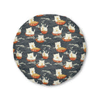 Indoor Round Floor Pillow - An adorable and cute pattern of baby cats happily eating steaming ramen noodles from traditional red and white bowls with beautiful white floral elements surrounding them.