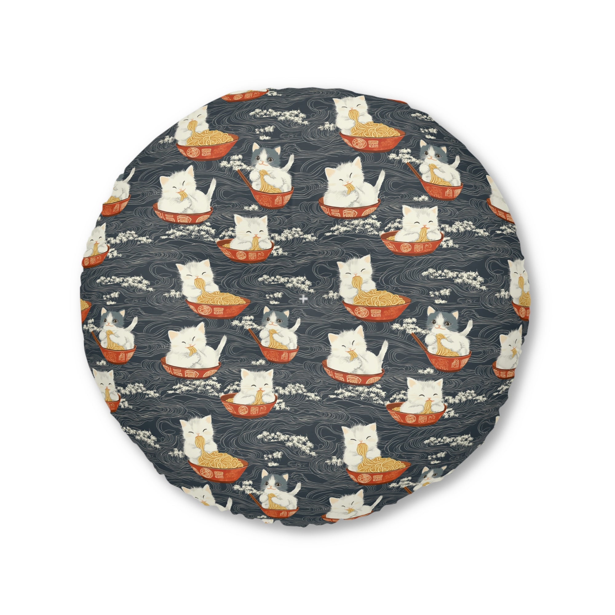 Indoor Round Floor Pillow - An adorable and cute pattern of baby cats happily eating steaming ramen noodles from traditional red and white bowls with beautiful white floral elements surrounding them.