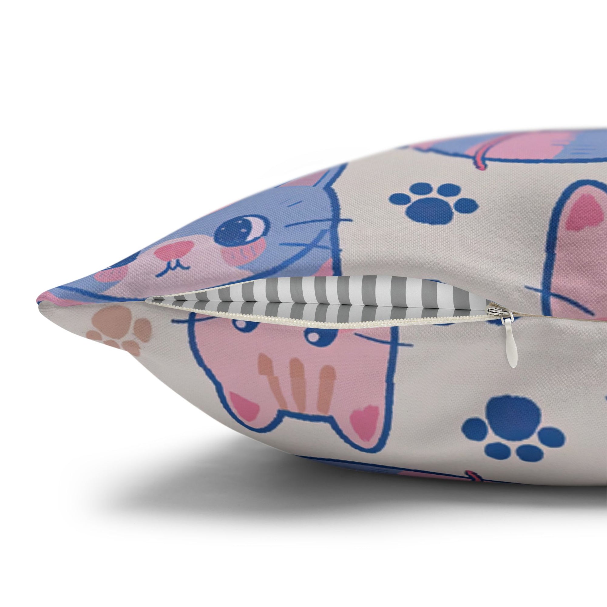Square Pillowcase - Sweet pastel blue and pink cartoon cats, cute kawaii style kittens with yarn and paw prints, charming and playful animal design, light cream background, delightful pet pattern