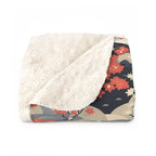 Sherpa Blanket - A charming, minimalist, Japanese-style illustration of cute white cats sitting amongst vibrant red and white flowers on a dark background.