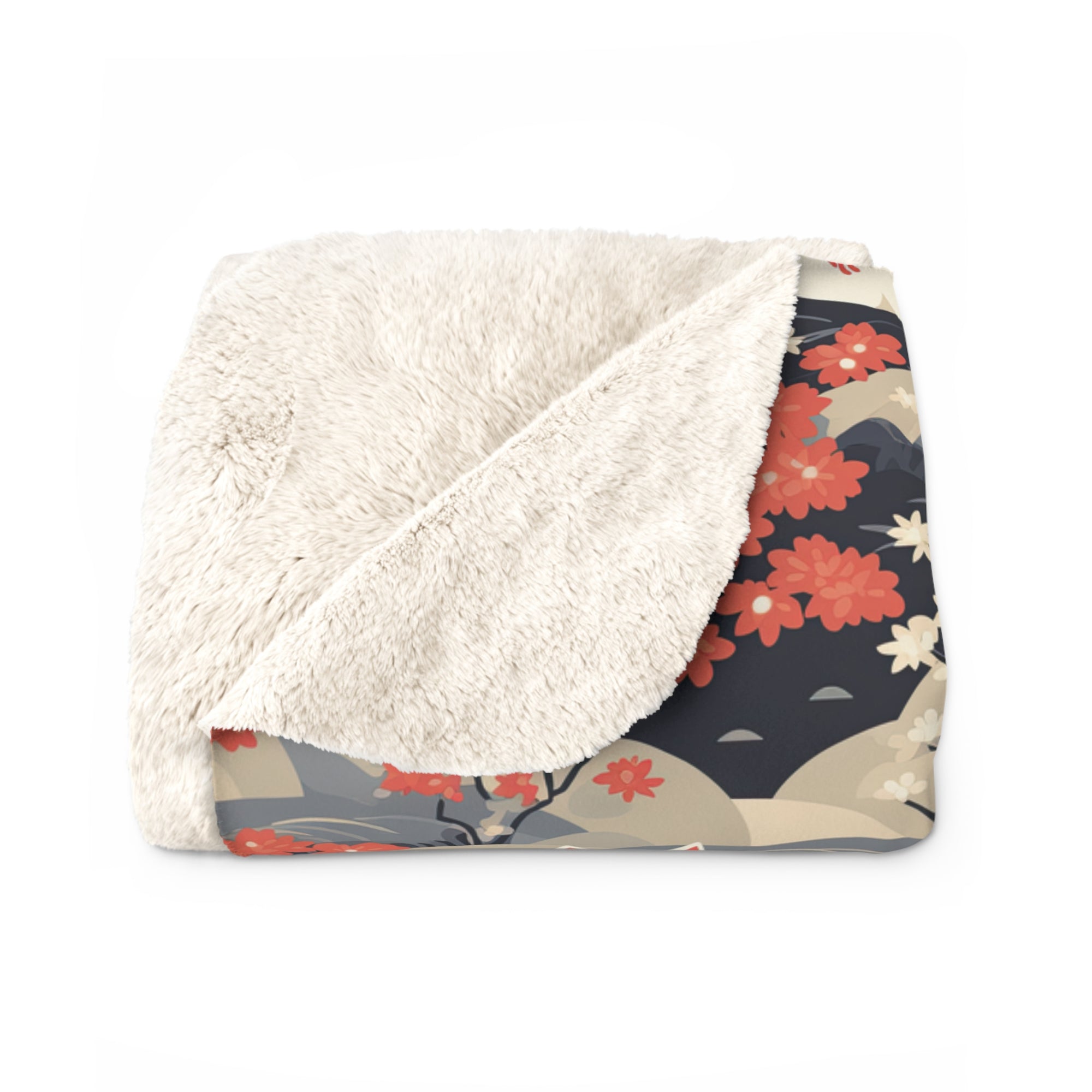Sherpa Blanket - A charming, minimalist, Japanese-style illustration of cute white cats sitting amongst vibrant red and white flowers on a dark background.