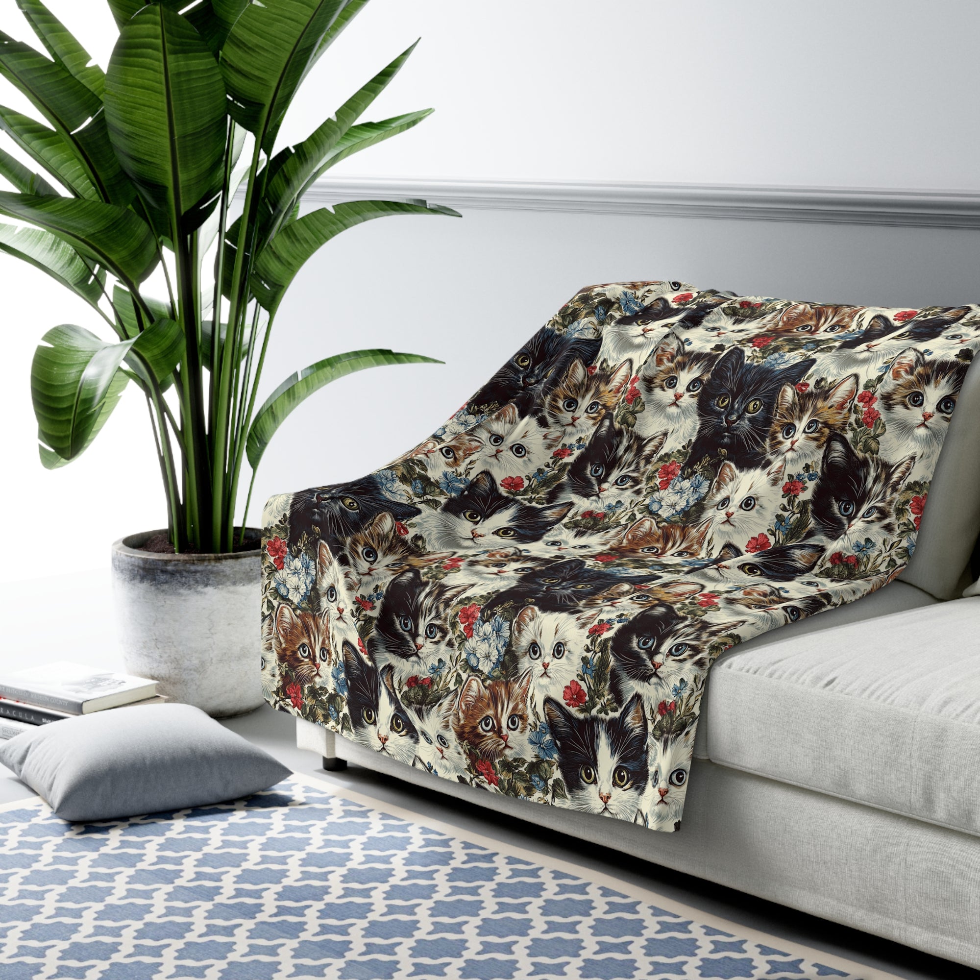 Sherpa Blanket - Colorful Kitten Faces with Red and Blue Flowers, Whimsical and Bright, Pattern Design