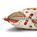 Square Pillowcase - Vibrant boho chic cats and mandalas, colorful folk art style, playful felines with yarn and paw prints, artistic and bohemian cat design, cream background, unique animal print