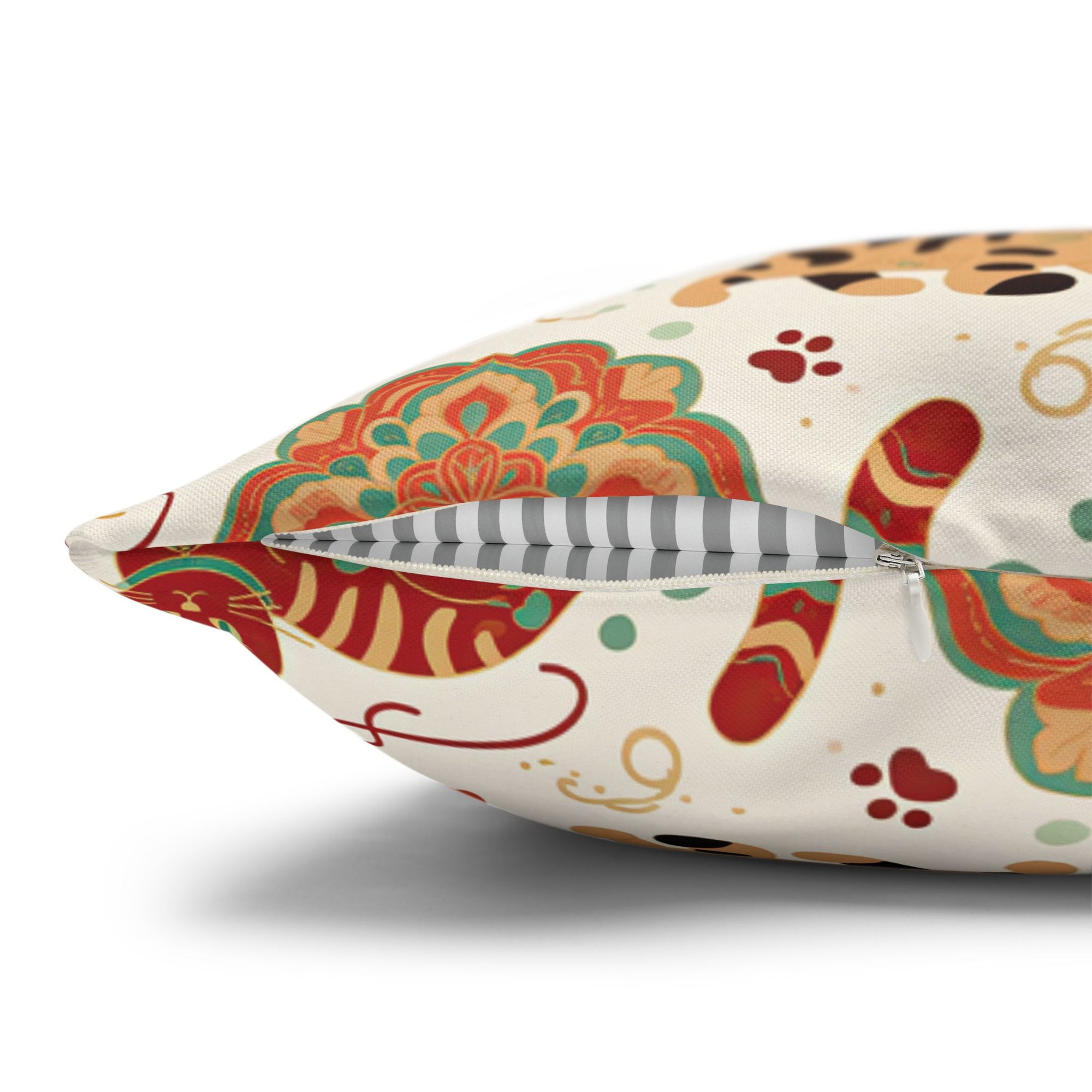 Square Pillowcase - Vibrant boho chic cats and mandalas, colorful folk art style, playful felines with yarn and paw prints, artistic and bohemian cat design, cream background, unique animal print