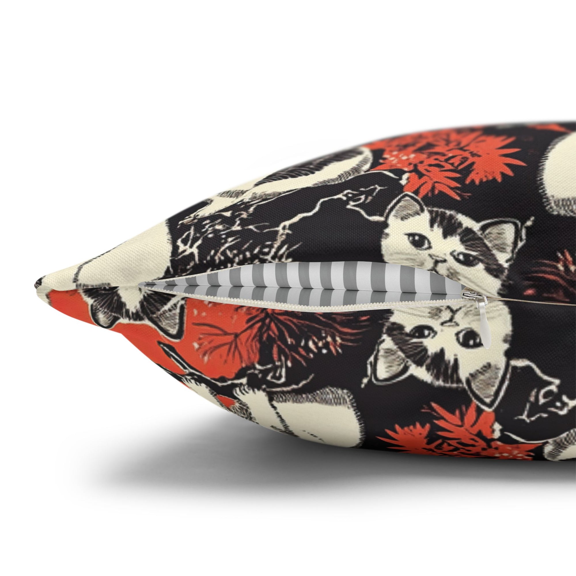 Square Pillowcase - A striking black-and-white illustration with red accents of charming cats perched on the branches of trees in a beautiful Japanese woodblock print style.