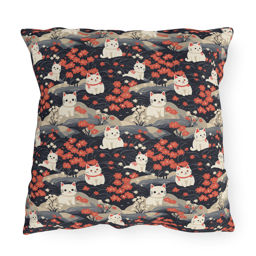 Outdoor Pillow - A charming, minimalist, Japanese-style illustration of cute white cats sitting amongst vibrant red and white flowers on a dark background.