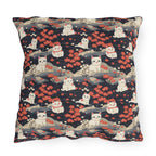 Outdoor Pillow - A charming, minimalist, Japanese-style illustration of cute white cats sitting amongst vibrant red and white flowers on a dark background.