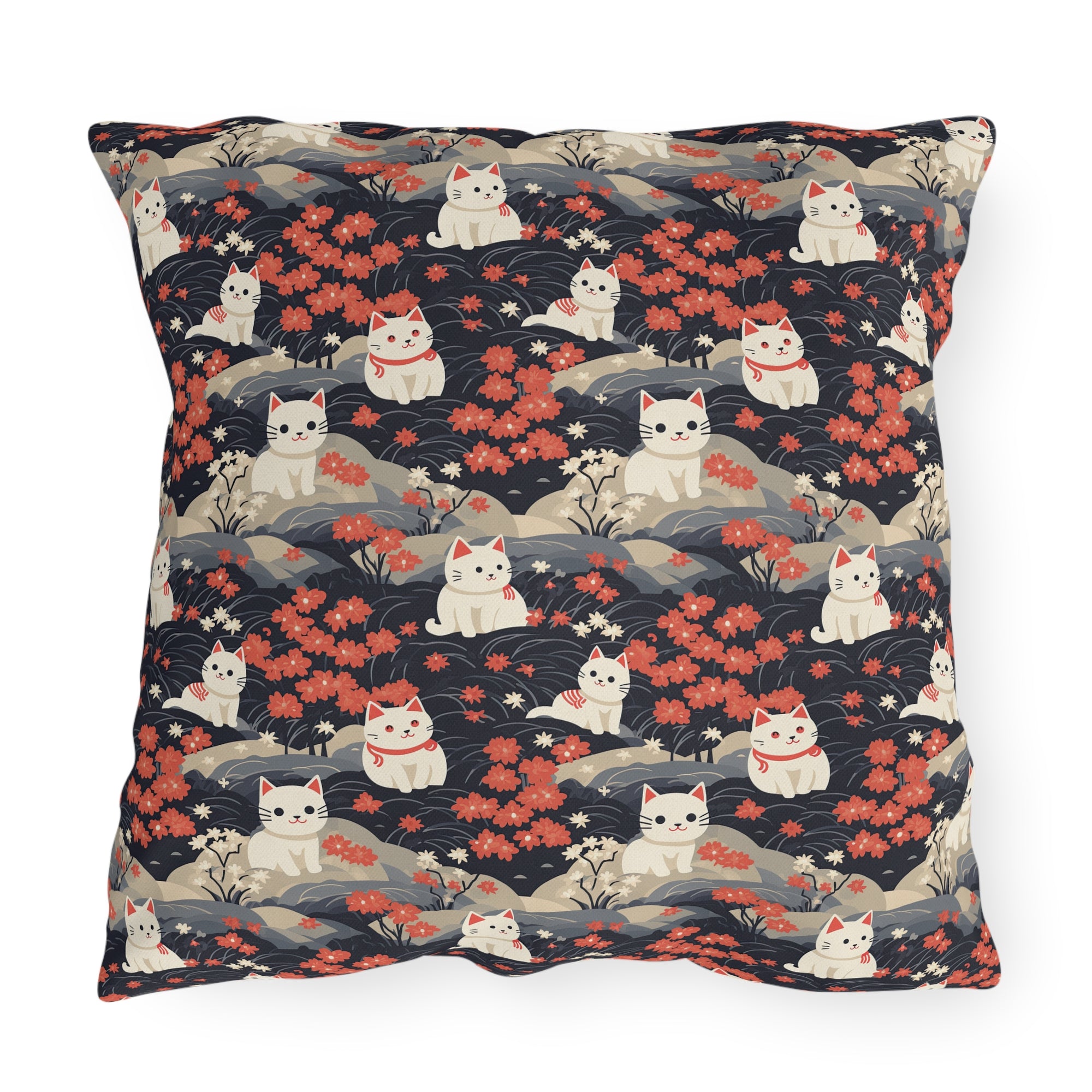 Outdoor Pillow - A charming, minimalist, Japanese-style illustration of cute white cats sitting amongst vibrant red and white flowers on a dark background.