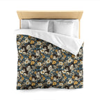 Duvet Cover - Black and White Kittens with Yellow and White Flowers, Dark Blue Leaves, Vintage Charm