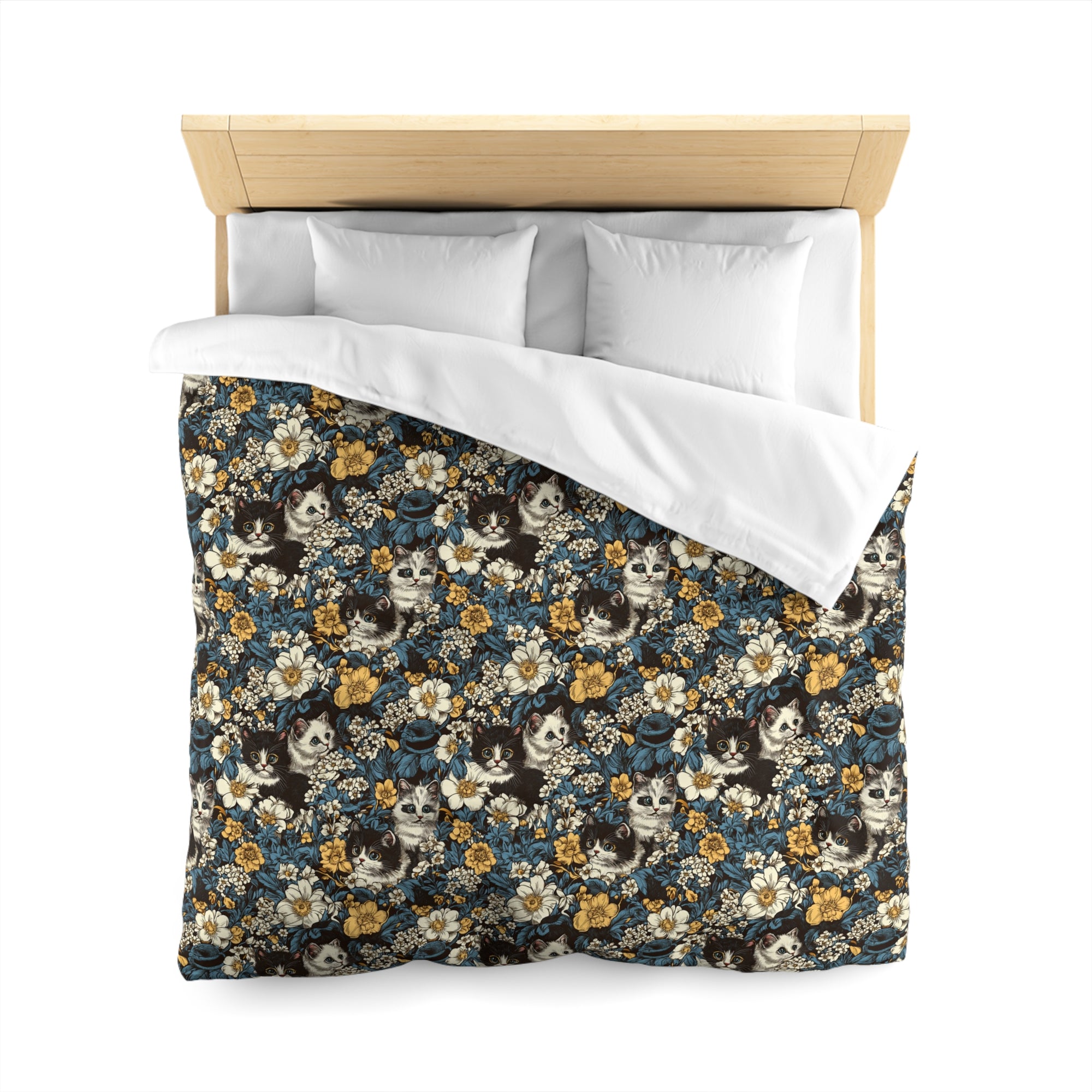 Duvet Cover - Black and White Kittens with Yellow and White Flowers, Dark Blue Leaves, Vintage Charm